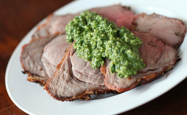 Butterflied and Roasted Leg of Lamb with Cumin Rub and Mint Pesto