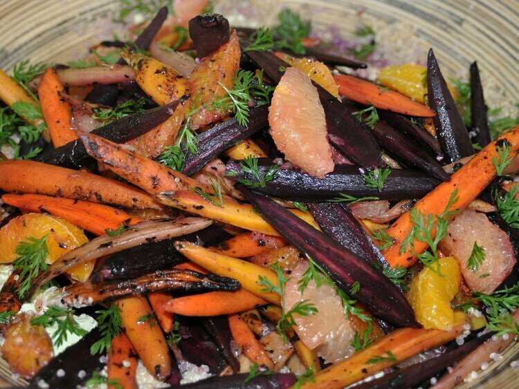 Grilled Carrots and Citrus with Herbed Yogurt, Crispy Quinoa and Fennel